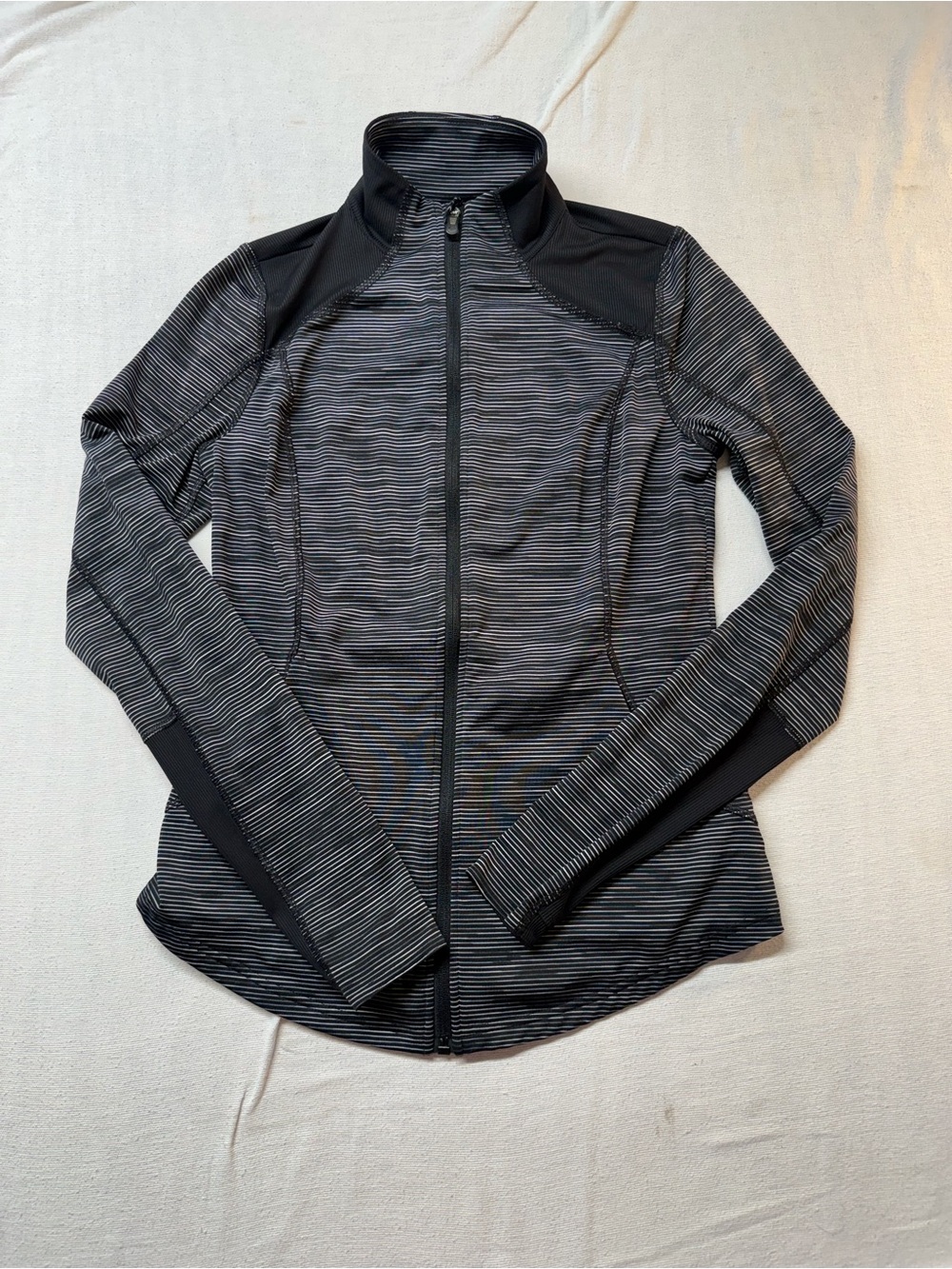 tek gear Women's Striped Full-Zip Workout long sleeve in Black and Gray